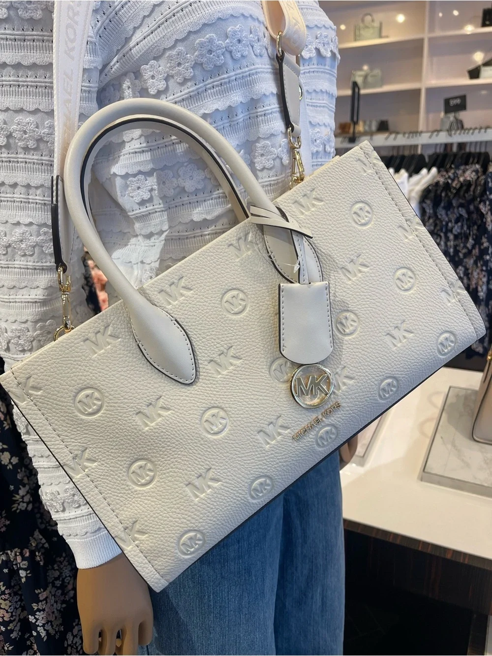 Michael Kors Mirella Md Logo Debossed Satchel Shoulder Tote Handbag Lt Cream NWT